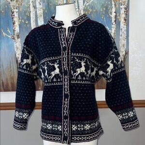 Navy Reindeer Wool Button Up Cardigan